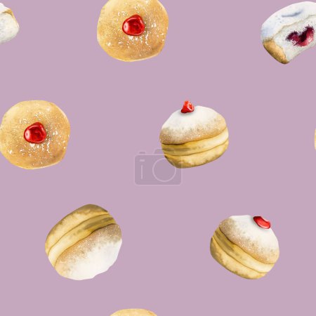 Photo for Delicious Hanukkah donuts watercolor seamless pattern of Jewish traditional holiday sweet dessert on dusty pink background. Hand drawn sufganiyot. - Royalty Free Image