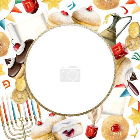 Foto de Hanukkah tarjeta de felicitación marco redondo acuarela ilustración de los símbolos tradicionales judíos Janukkah, dreidels, donuts, velas menorah, tarro de aceite, estrella David luces brillantes. - Imagen libre de derechos