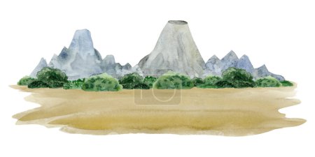 Téléchargez les photos : Aquarelle grise chaîne de montagnes paysage isolé illustration avec forêt et sable au sol pour les dessins de l'ère des dinosaures et le tourisme. - en image libre de droit