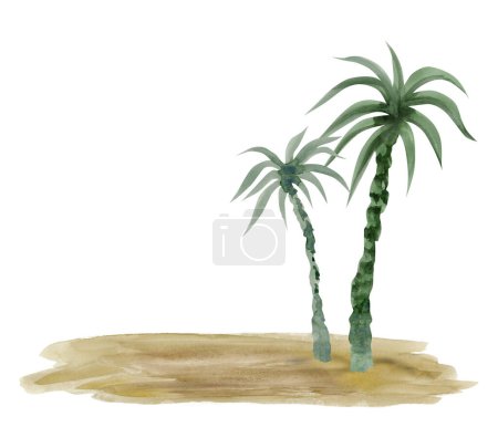 Photo for Watercolor palm trees on sand of desert island or beach illustration isolated on white background. Hand drawing summer vacation template. - Royalty Free Image