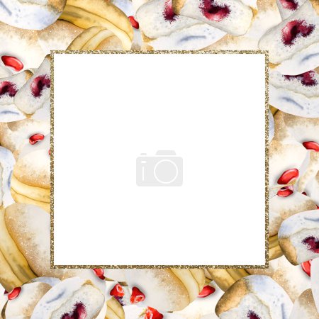 Photo for Hanukkah sufganiyot donuts watercolor square frame of Jewish traditional holiday dessert on white background. - Royalty Free Image