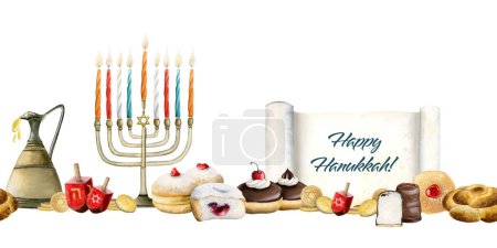 Photo for Happy Hanukkah watercolor seamless horizontal border with menorah with candles, traditional sufganiyot donuts, dreidels, olive oil jug and Torah scroll. - Royalty Free Image