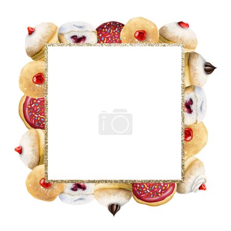 Photo for Sweet donuts square frame watercolor illustration isolated on white for Jewish Hanukkah greeting cards, flyers, menus and stickers. - Royalty Free Image