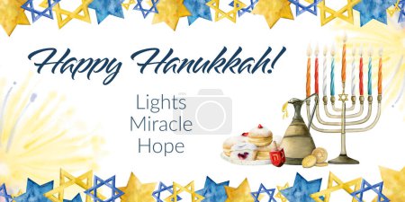 Foto de Feliz Hanukkah bandera horizontal acuarela ilustración con hanukkiah, velas, jarra de aceite de oliva, estrellas de David, donuts sufganiyot, dreidel. - Imagen libre de derechos