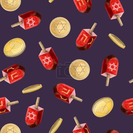 Photo for Stylish dark purple Hanukkah dreidels and gold coins gelt watercolor seamless pattern for Jewish holiday with symbols, sevivons. - Royalty Free Image