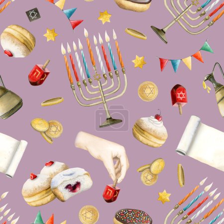 Photo for Dust pink Hanukkah watercolor seamless pattern with traditional symbols, food and bakery. Jewish holiday donuts, dreidels, menorah for digital paper, wrapping and greeting posters. - Royalty Free Image