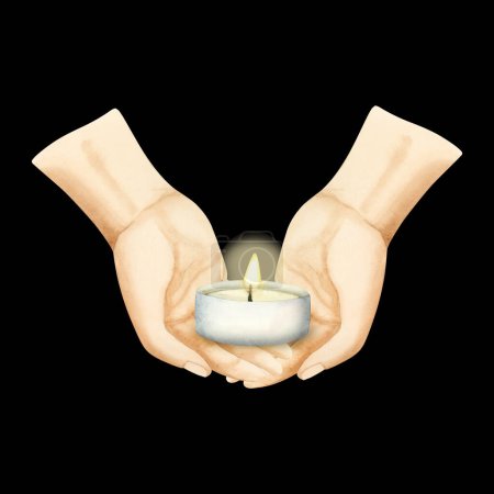 Photo for Praying hands holding burning candle watercolor illustration isolated on dark black background for Remembrance day of the fallen soldiers and commemoration of civilians. Yom HaZikaron. - Royalty Free Image