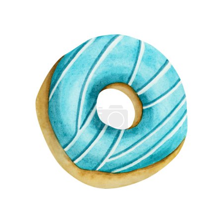 Téléchargez les photos : Illustration aquarelle de donut vitré bleu turquoise isolée sur fond blanc. Délicieux beignet rond avec clipart de garniture. - en image libre de droit