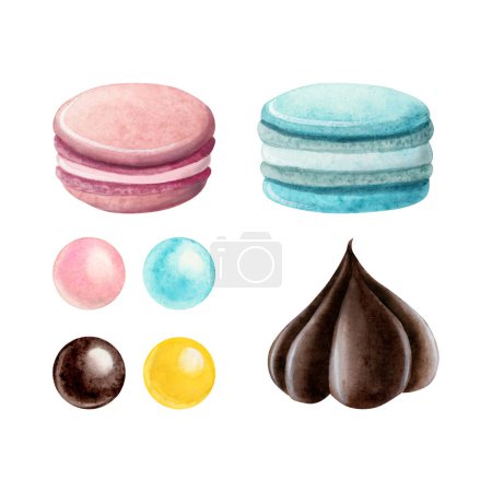 Photo for French macaroons, sugar coated round candies and chocolate sweet watercolor illustration set isolated on white background. Hand drawn desserts for cafe and bakery. - Royalty Free Image
