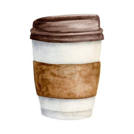 Photo for Paper coffee cup for takeaway watercolor illustration. Food illustration for hot drinks with lid and brown cupholder. Coffee to go template for bakery design. - Royalty Free Image