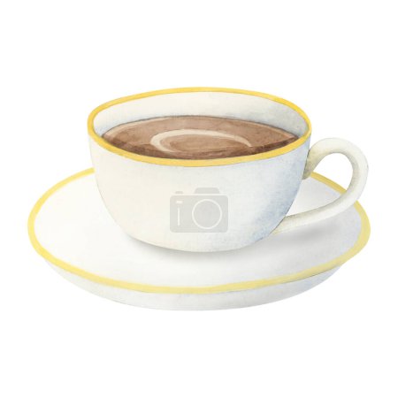 Foto de Taza de café de cerámica blanca con capuchino, chocolate caliente o acuarela de cacao ilustración aislada sobre fondo blanco para menús, invitaciones, logotipos e impresiones. - Imagen libre de derechos
