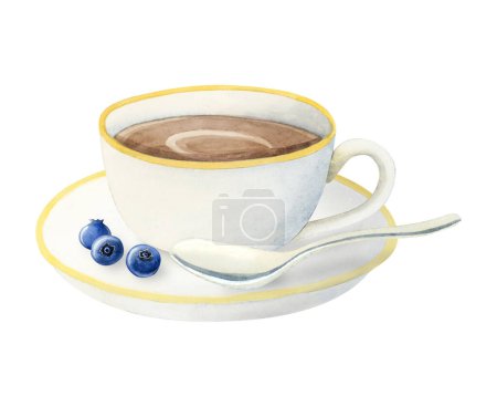 Téléchargez les photos : Tasse à café blanche avec cappuccino, cuillère et myrtilles illustration aquarelle isolée sur fond blanc pour menus, invitations et logos. - en image libre de droit