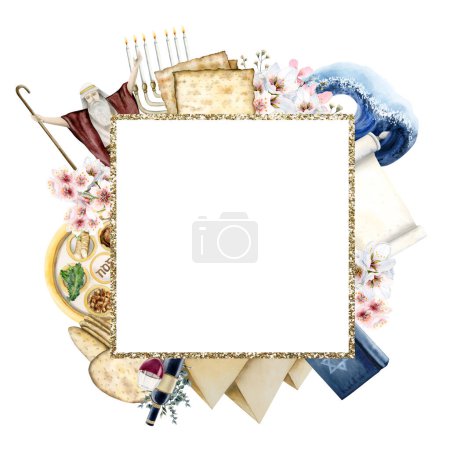 Photo for Square Passover frame with Jewish holiday symbols watercolor illustration isolated on white background. Matzah bread, Moses, seder plate, spring flowers and menorah. - Royalty Free Image