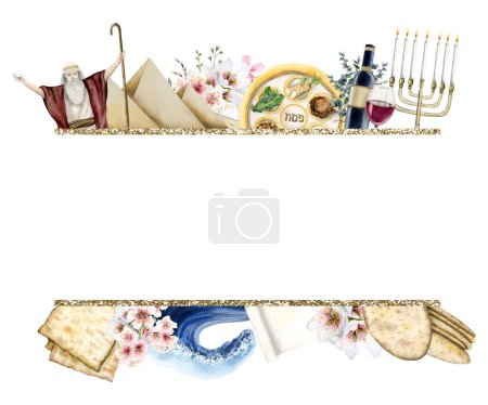 Modèle de bannière horizontale Pessah avec des symboles de vacances Pessah juive illustration aquarelle isolé sur fond blanc. Matsa pain, Moïse, plaque de seder, fleurs de printemps et menorah.