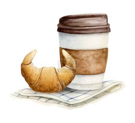 Photo for Take away coffee cup with butter croissant on white striped napkin watercolor illustration isolated on white background for breakfast and coffee break designs, cafe, restaurant food menus. - Royalty Free Image
