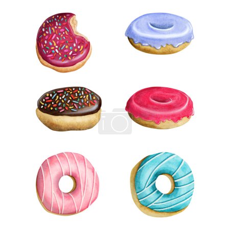 Téléchargez les photos : Donuts émaillés de différentes couleurs aquarelle jeu d'illustration isolé sur fond blanc. Délicieux beignets ronds avec garnitures. - en image libre de droit