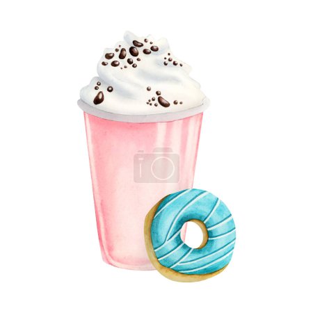 Téléchargez les photos : Milkshake rose à la crème fouettée et à l'aquarelle bleu sarcelle émaillée ronde isolée sur fond blanc. Fast food dessert sucré délicieux. - en image libre de droit