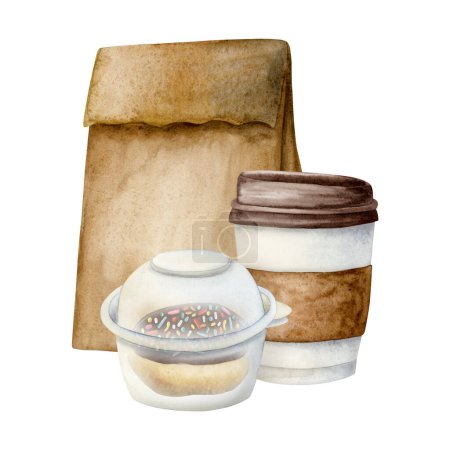 Téléchargez les photos : Tasse à café à emporter, beigne au chocolat à emporter et sac artisanal en papier illustration aquarelle isolée sur fond blanc pour le petit déjeuner et la pause café. - en image libre de droit