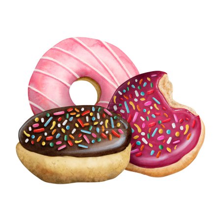 Photo for Watercolor glazed donuts with sprinkles hand drawn illustration isolated on white background. Delicious round doughnuts in pink and chocolate brown colors for bakeries and pastry designs. - Royalty Free Image