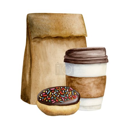 Photo for Take out coffee cup, chocolate glazed donut with sprinkles and paper craft bag watercolor illustration isolated on white background for breakfast, lunch and coffee break designs, cafe, food menus. - Royalty Free Image