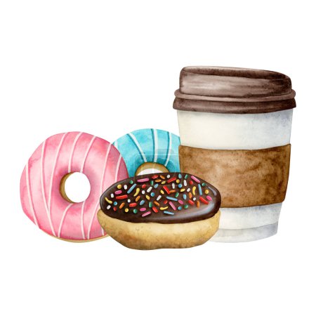 Téléchargez les photos : Donuts colorés avec glaçure, saupoudrer et tasse de café aquarelle illustration isolée sur fond blanc. Délicieux beignets ronds pour boulangeries et pâtisseries. - en image libre de droit