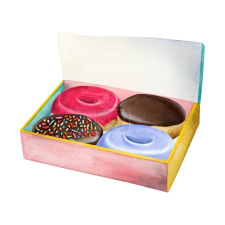 Photo for Glazed donuts with different flavors in the box for bakery and cafe watercolor Illustration isolated on white background. - Royalty Free Image