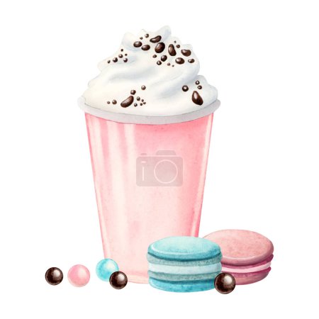Téléchargez les photos : Milkshake rose avec crème fouettée, macarons et bonbons ronds aquarelle illustration isolée sur fond blanc. Boisson froide d'été dans une tasse en plastique avec délicieux dessert. - en image libre de droit