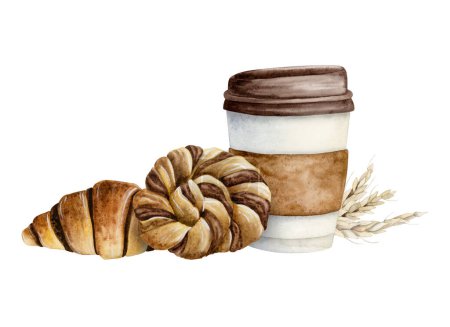 Foto de Croissant de chocolate y panecillo de raza trenzada con taza de café y espigas de trigo ilustración acuarela aislada sobre fondo blanco para el diseño de menú de desayuno y café. - Imagen libre de derechos