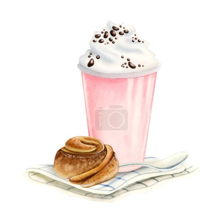 Photo for Milkshake with whipped cream and cinnamon rolled bun with spoon and napkin watercolor illustration isolated on white background. Fast food sweet delicious dessert.. - Royalty Free Image