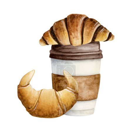 Foto de Taza de café de papel con croissants pastelería para llevar ilustración de acuarela aislada sobre fondo blanco para el desayuno y los diseños de bocadillos, cafetería, menús de comida de restaurante. - Imagen libre de derechos