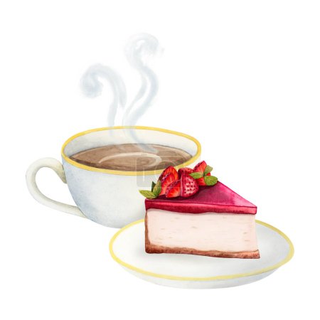 Foto de Taza de café caliente con capuchino y fresa pastel de queso postre acuarela ilustración aislada sobre fondo blanco para menús y folletos. - Imagen libre de derechos