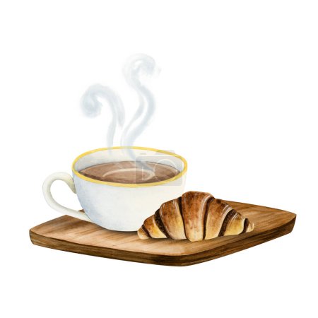 Téléchargez les photos : Tasse à café chaude avec pâte au chocolat croissant français sur bureau en bois illustration aquarelle isolé sur fond blanc pour pause café, collation et petit déjeuner. - en image libre de droit