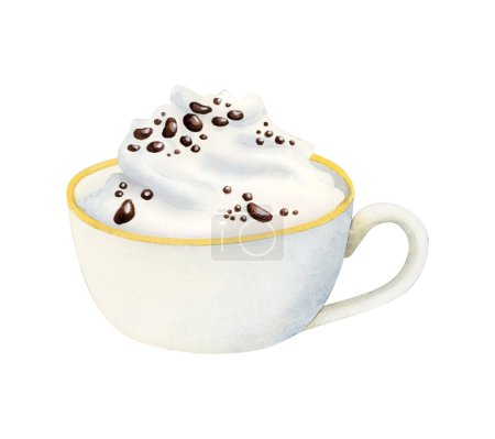 Téléchargez les photos : Cappuccino tasse à café avec crème fouettée et illustration aquarelle au chocolat illustration isolée. Boisson sucrée chaude pour le petit déjeuner et collation. - en image libre de droit