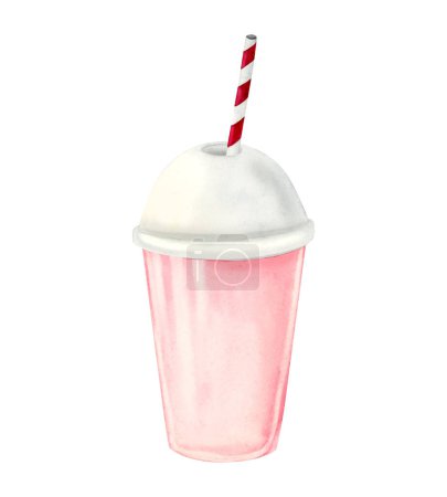 Téléchargez les photos : Milkshake à la fraise rose avec illustration aquarelle en paille et couvercle isolé sur fond blanc pour la conception de boissons estivales. - en image libre de droit