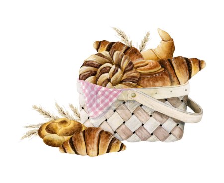 Foto de Pasteles frescos en canasta de mimbre con croissants, bollos e ilustración de acuarela de trigo aislada sobre fondo blanco para diseños de picnic y panadería. - Imagen libre de derechos
