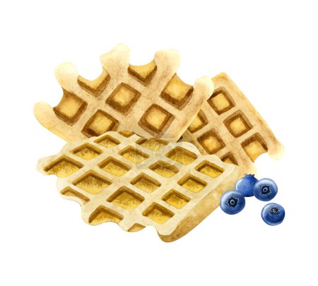 Photo for Belgian waffles with blueberry watercolor illustration isolated on white background for dessert , cafe and bakery designs. - Royalty Free Image