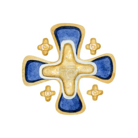 Téléchargez les photos : Croix de Jérusalem dorée ou cinq fois symbole héraldique aquarelle illustration isolée sur fond blanc. Emblème de la ville sainte. - en image libre de droit