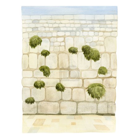 Téléchargez les photos : Mur occidental de Jérusalem dans la vieille ville aquarelle illustration isolée sur fond blanc. Le Kotel en Israël pour les prières, la vue juive antique. - en image libre de droit