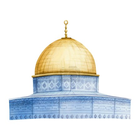 Téléchargez les photos : Jérusalem Dôme du Rocher Mosquée musulmane aquarelle illustration isolée sur fond blanc. Qubbat comme Sakhra avec bâtiment doré et bleu dans le complexe Al Aqsa sur le Mont du Temple en Israël. - en image libre de droit