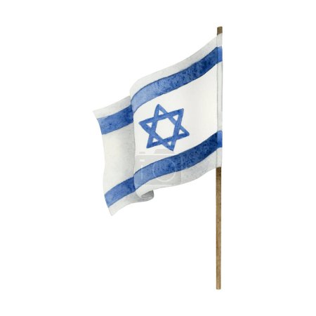 Téléchargez les photos : Drapeau d'Israël avec mât de drapeau ou arbre en bois aquarelle illustration isolée en blanc et bleu. Drapeau israélien agitant avec étoile de David emblème clipart dessiné à la main. - en image libre de droit