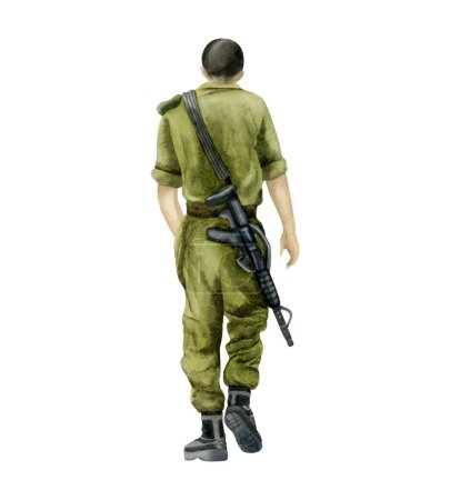 Israeli soldier of IDF with M16 assault rifle, walking view from the back watercolor illustration isolated on white for patriotic holidays, memorial days, Holocaust Remembrance and Independence Day.