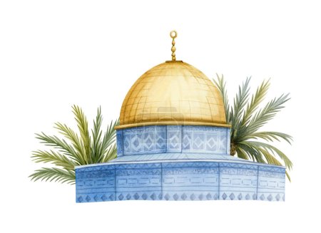 Téléchargez les photos : Mosquée Dôme du Rocher avec des palmiers à Jérusalem aquarelle illustration Isolé sur fond blanc. Qubbat comme Sakhra à Al Aqsa sur le Mont du Temple en Israël. - en image libre de droit