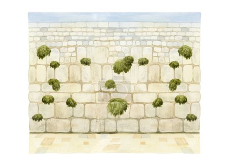 Téléchargez les photos : Mur occidental juif vue dans la vieille ville de Jérusalem aquarelle illustration isolée sur fond blanc. Le Kotel en Israël pour les prières. - en image libre de droit