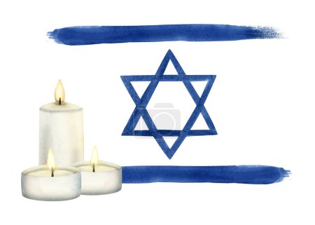 Téléchargez les photos : Jour du Souvenir des soldats tombés avec le drapeau d'Israël et des bougies brûlantes illustration aquarelle isolé sur fond blanc. Yom HaShoah, Jour commémoratif de l'Holocauste juif. - en image libre de droit