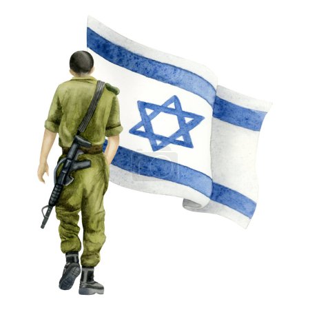 Téléchargez les photos : Israël soldat de Tsahal avec drapeau aquarelle illustration isolée sur fond blanc illustration. Jour commémoratif juif, Yom HaZikaron et haShoah. - en image libre de droit