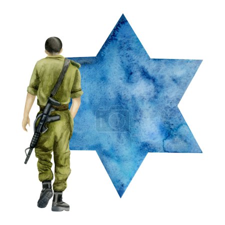 Photo for Israel soldier with riffle and blue star of David watercolor illustration isolated on white background. Jewish Memorial day, Yom HaZikaron and Remembrance. - Royalty Free Image