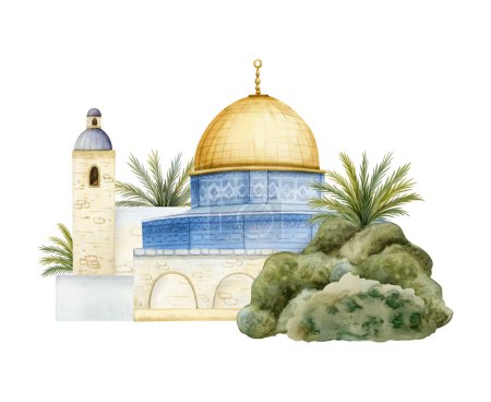 Téléchargez les photos : Dôme du Rocher dans la vieille ville de Jérusalem avec des palmiers paysage aquarelle illustration Isolé sur fond blanc. Qubbat comme Sakhra à Al Aqsa sur le Mont du Temple en Israël. - en image libre de droit