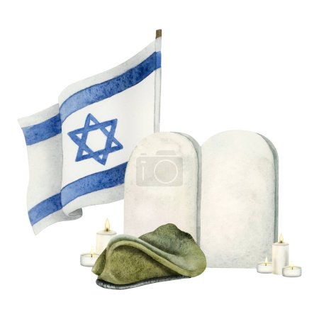 Photo for Yom HaZikaron Israel Remembrance day of fallen soldiers watercolor illustration isolated on white background. Memorial day template with military grave, national flag, candles and army green beret. - Royalty Free Image