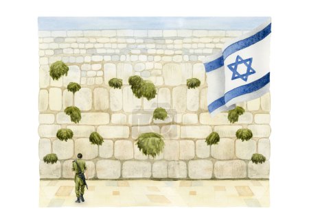 Téléchargez les photos : Mur occidental avec Israël soldat et drapeau vue dans la vieille ville de Jérusalem aquarelle illustration isolée sur fond blanc. Le Kotel pour les prières sur Yom HaZikaron et les journées commémoratives. - en image libre de droit