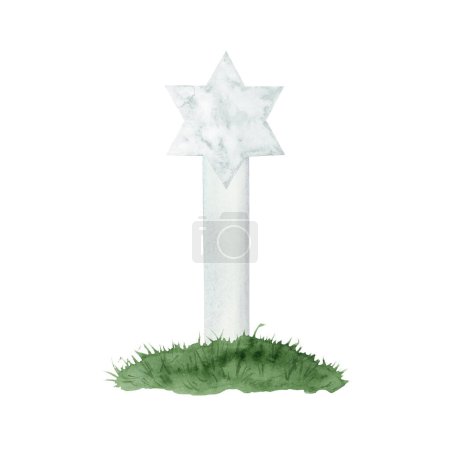Photo for White marble tombstone with star of David for Jewish military cemetery on green grass hill template watercolor illustration isolated on white background. Remembrance Day of fallen soldiers. - Royalty Free Image